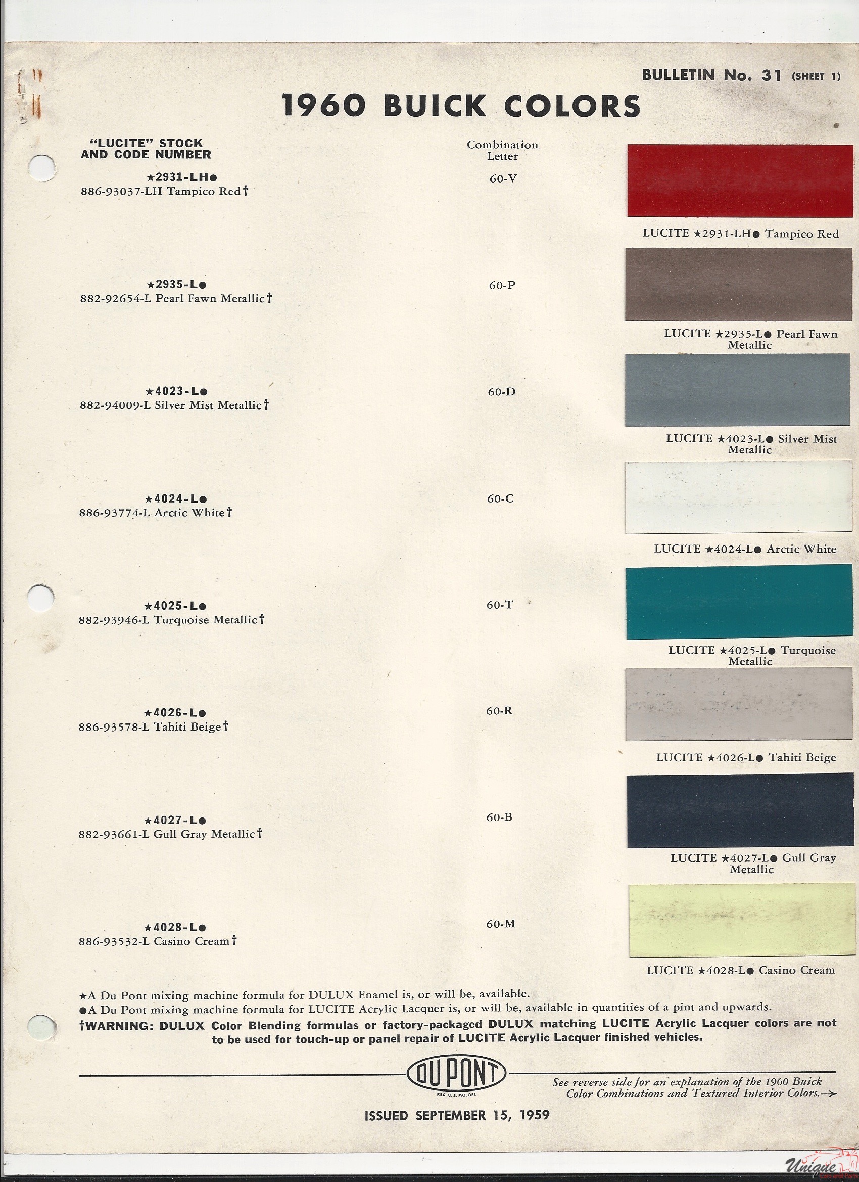 1960 Buick Paint Charts